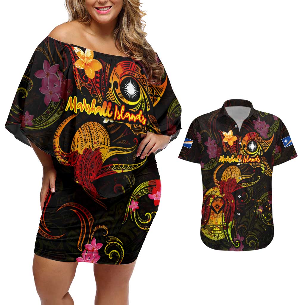 Marshall Islands Couples Matching Off Shoulder Short Dress and Hawaiian Shirt Octopus Plumeria Polynesian Tattoo