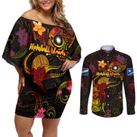 Marshall Islands Couples Matching Off Shoulder Short Dress and Long Sleeve Button Shirt Octopus Plumeria Polynesian Tattoo