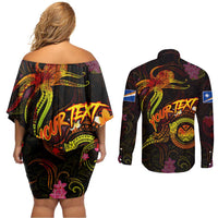 Marshall Islands Couples Matching Off Shoulder Short Dress and Long Sleeve Button Shirt Octopus Plumeria Polynesian Tattoo
