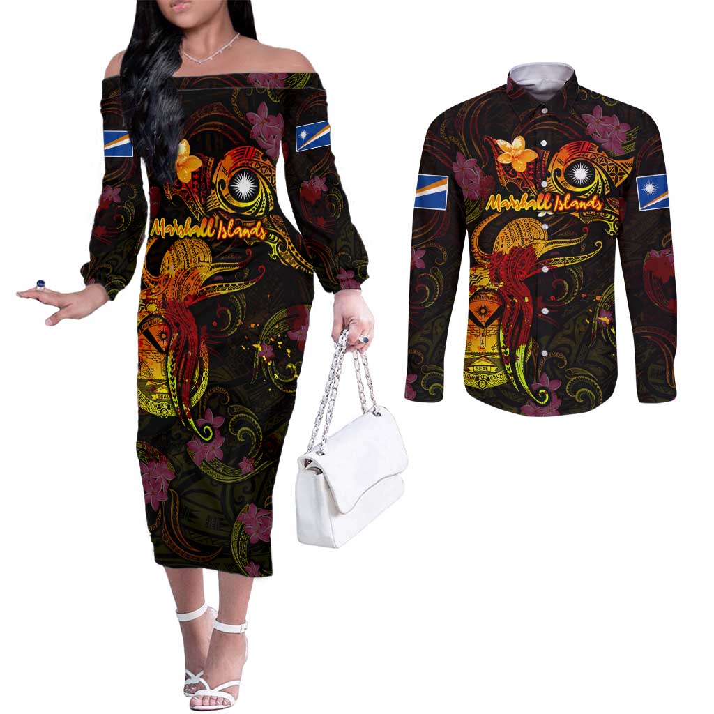 Marshall Islands Couples Matching Off The Shoulder Long Sleeve Dress and Long Sleeve Button Shirt Octopus Plumeria Polynesian Tattoo
