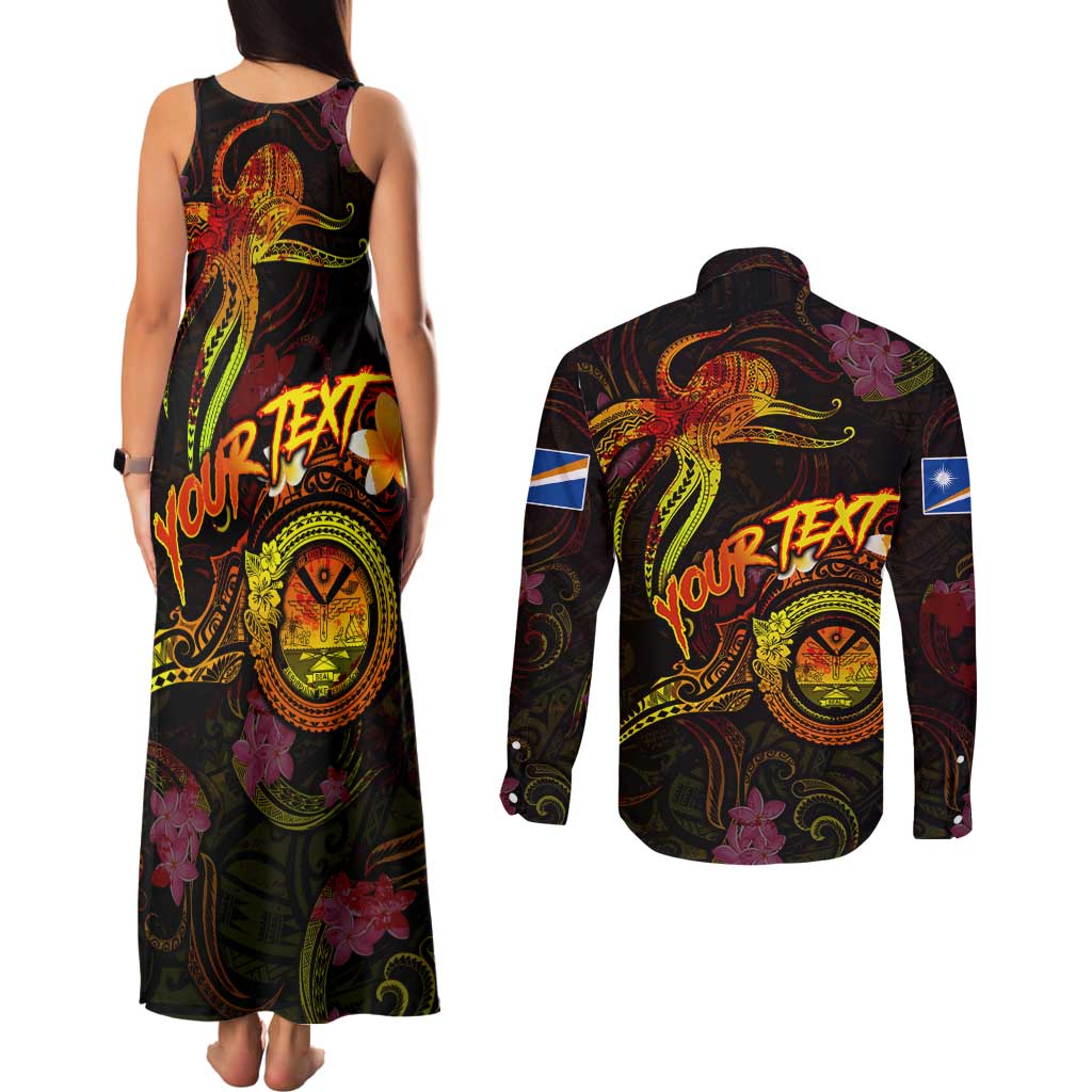 Marshall Islands Couples Matching Tank Maxi Dress and Long Sleeve Button Shirt Octopus Plumeria Polynesian Tattoo