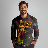 Marshall Islands Long Sleeve Polo Shirt Octopus Plumeria Polynesian Tattoo