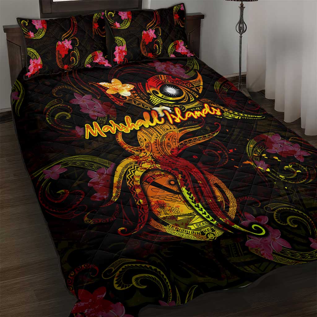 Marshall Islands Quilt Bed Set Octopus Plumeria Polynesian Tattoo