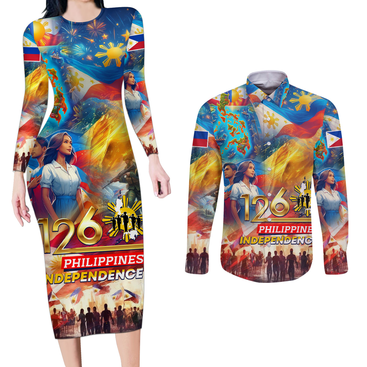 Custom The Philippines 126th Independence Anniversary Couples Matching Long Sleeve Bodycon Dress and Long Sleeve Button Shirt Art Style DT02 Art - Polynesian Pride
