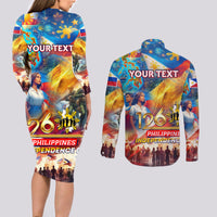Custom The Philippines 126th Independence Anniversary Couples Matching Long Sleeve Bodycon Dress and Long Sleeve Button Shirt Art Style DT02 - Polynesian Pride