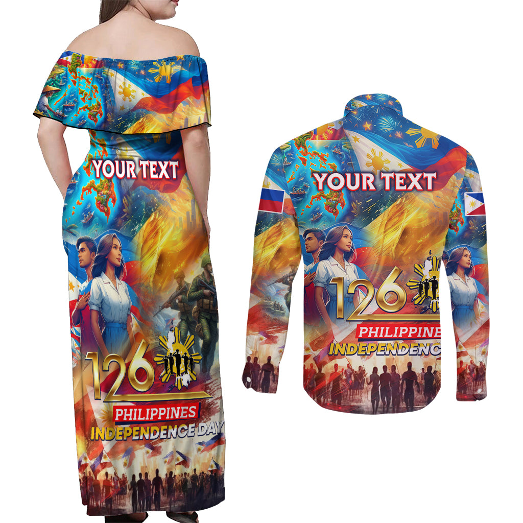 Custom The Philippines 126th Independence Anniversary Couples Matching Off Shoulder Maxi Dress and Long Sleeve Button Shirt Art Style DT02 - Polynesian Pride