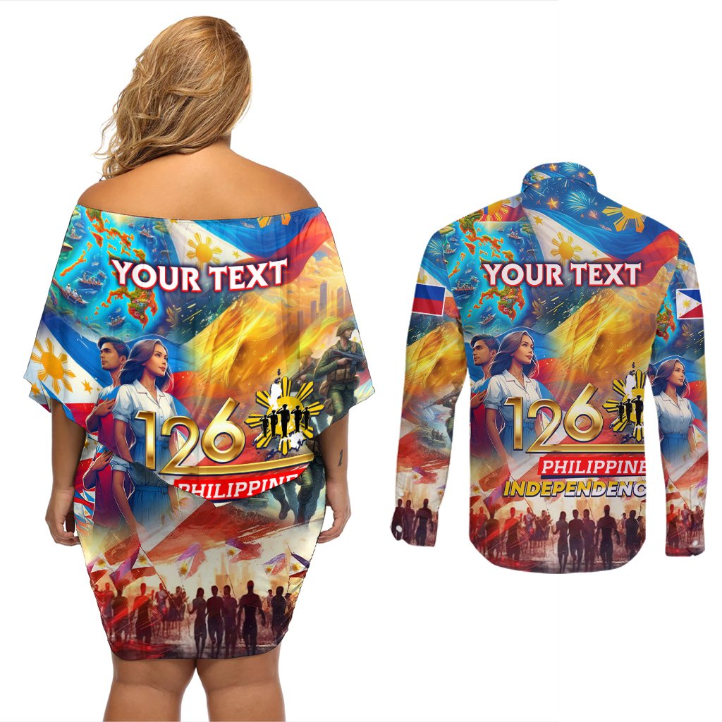 Custom The Philippines 126th Independence Anniversary Couples Matching Off Shoulder Short Dress and Long Sleeve Button Shirt Art Style DT02 - Polynesian Pride