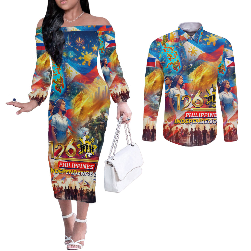 Custom The Philippines 126th Independence Anniversary Couples Matching Off The Shoulder Long Sleeve Dress and Long Sleeve Button Shirt Art Style DT02 Art - Polynesian Pride