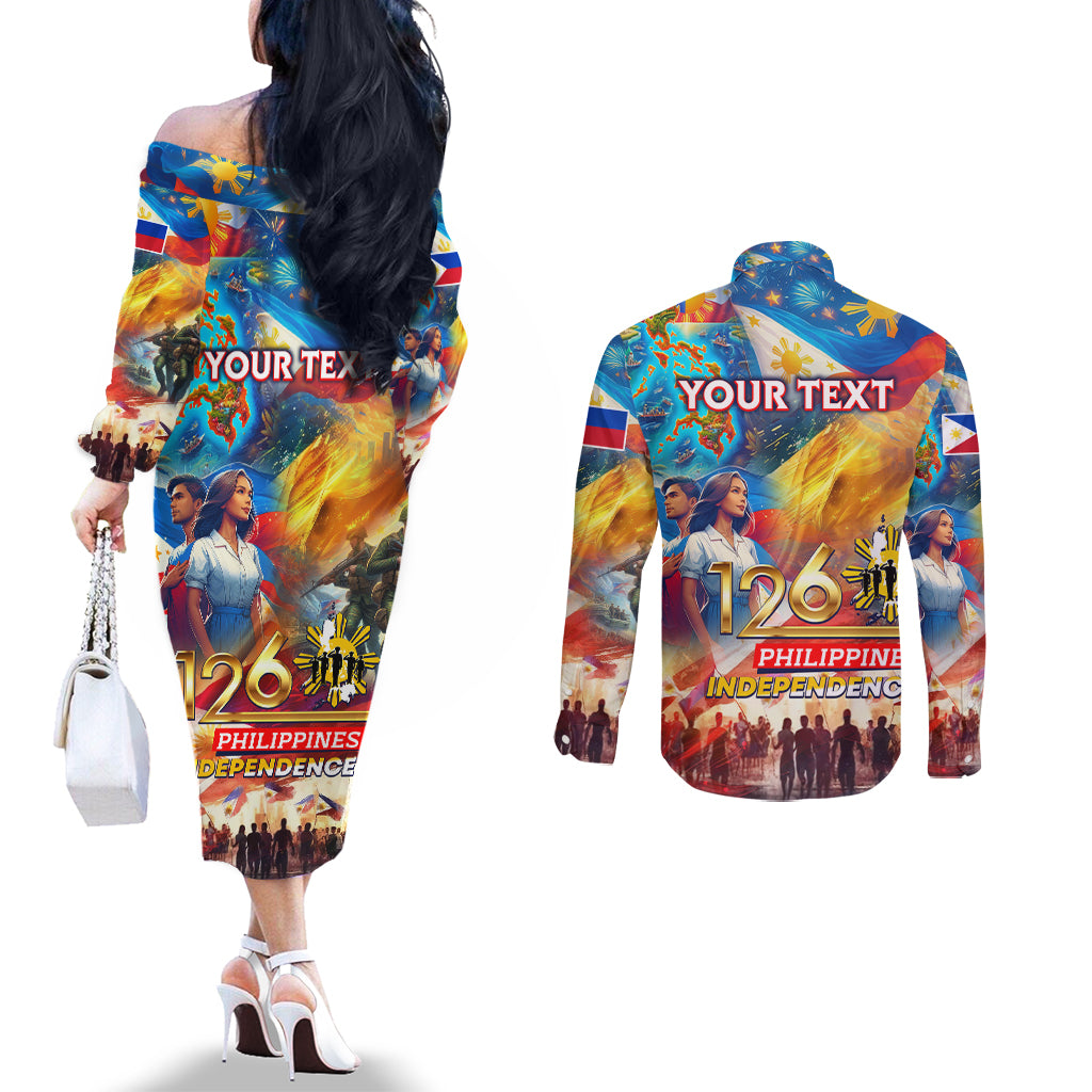 Custom The Philippines 126th Independence Anniversary Couples Matching Off The Shoulder Long Sleeve Dress and Long Sleeve Button Shirt Art Style DT02 - Polynesian Pride
