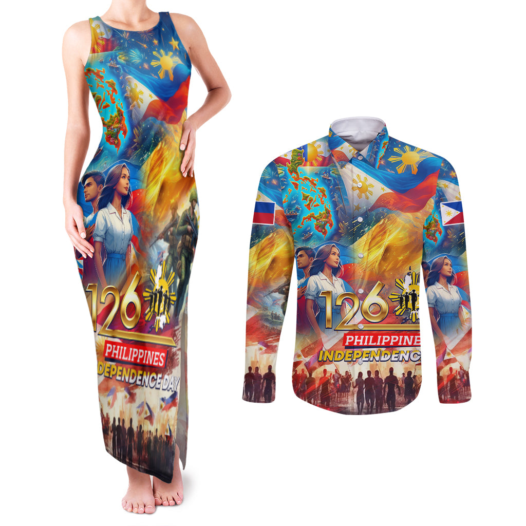 Custom The Philippines 126th Independence Anniversary Couples Matching Tank Maxi Dress and Long Sleeve Button Shirt Art Style DT02 Art - Polynesian Pride