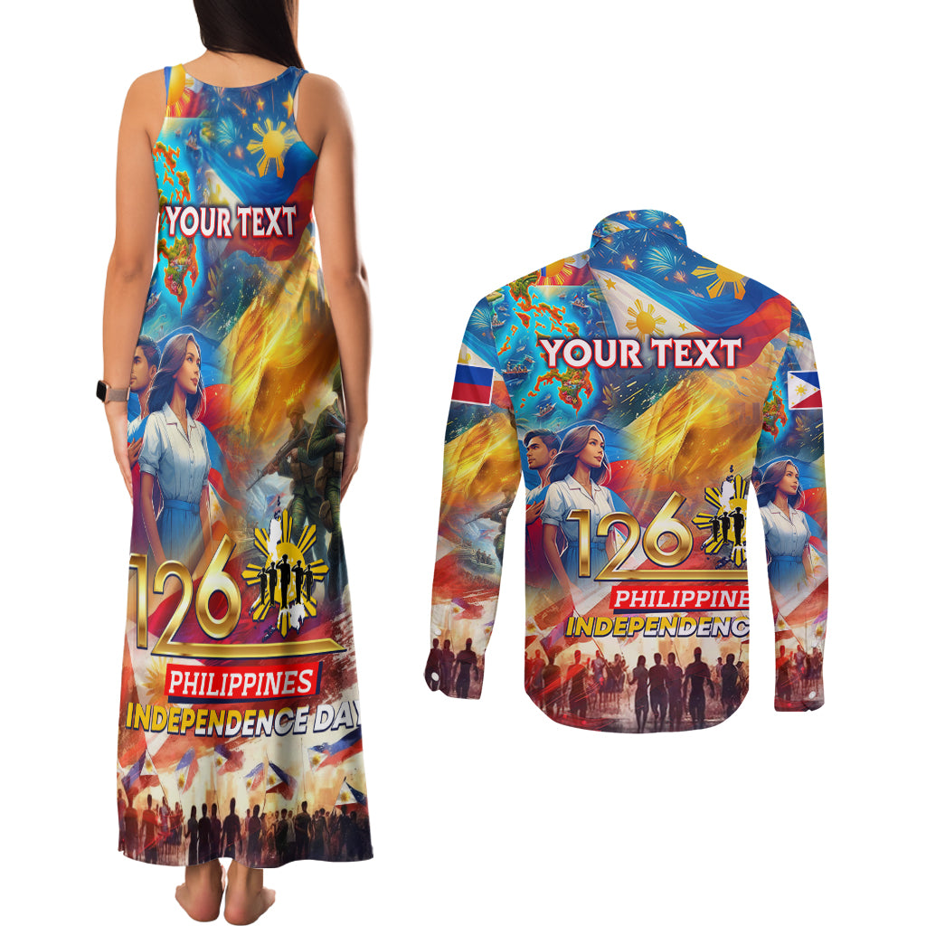 Custom The Philippines 126th Independence Anniversary Couples Matching Tank Maxi Dress and Long Sleeve Button Shirt Art Style DT02 - Polynesian Pride