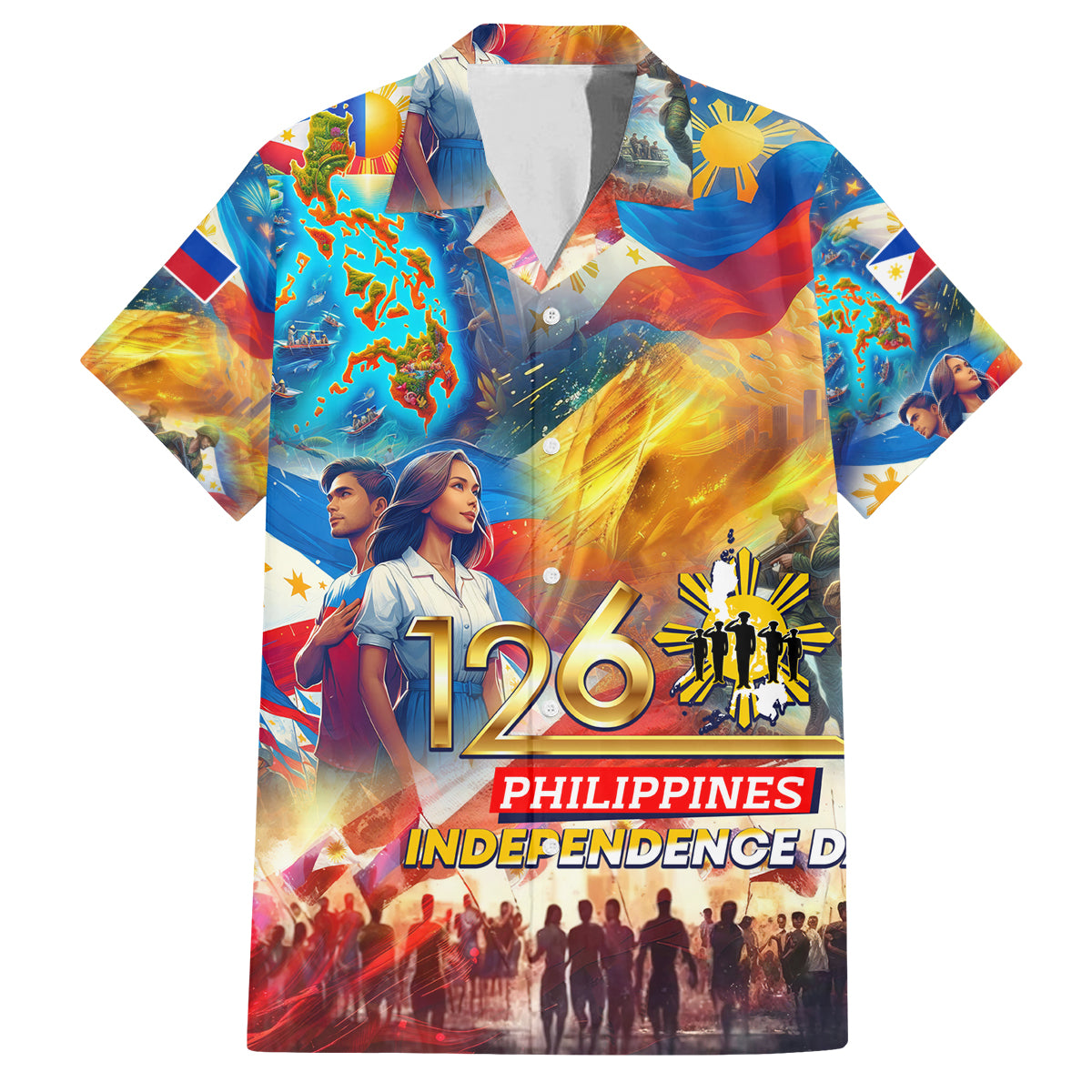 Custom The Philippines 126th Independence Anniversary Family Matching Off Shoulder Short Dress and Hawaiian Shirt Art Style