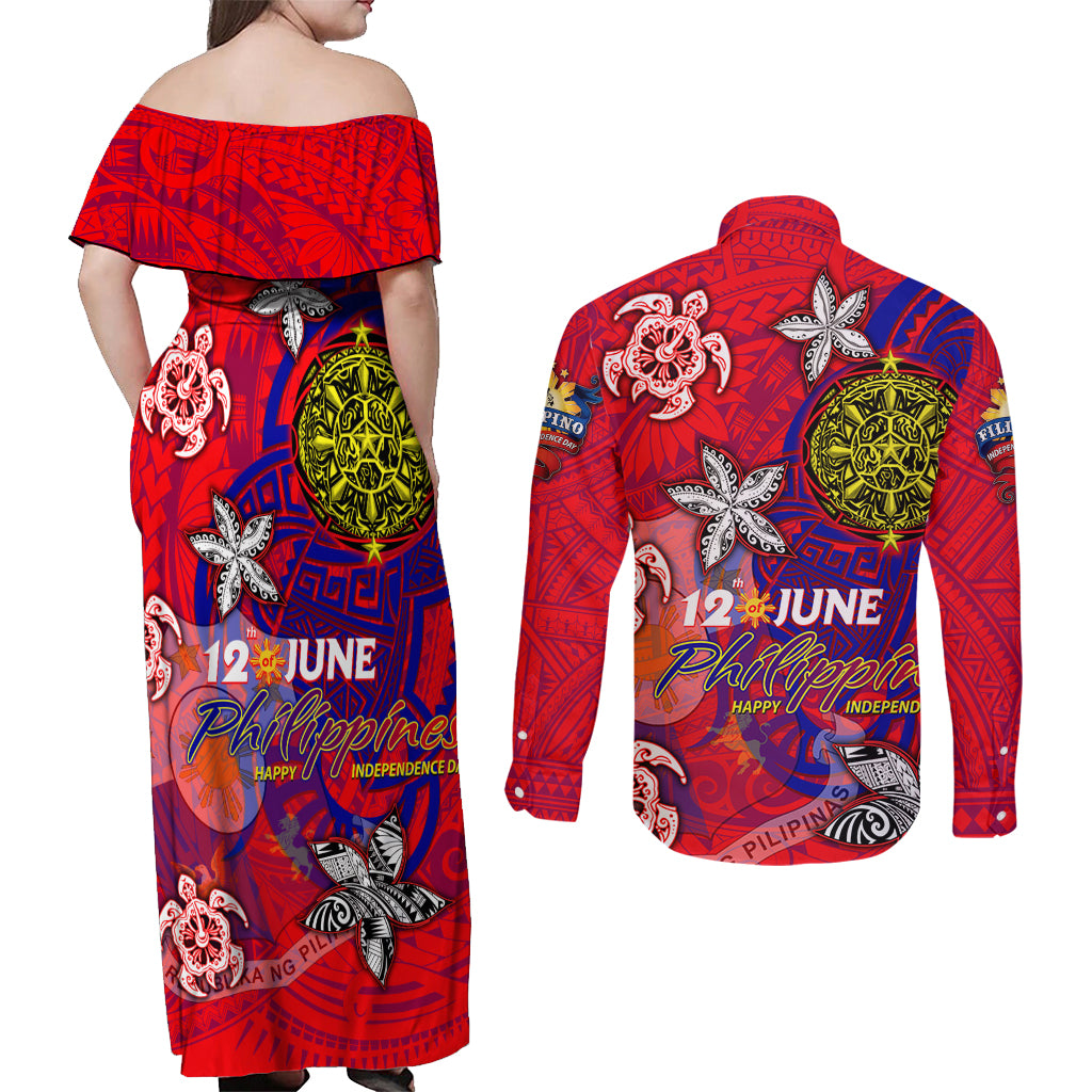 Personalized Philippines 12 June Independence Day Couples Matching Off Shoulder Maxi Dress and Long Sleeve Button Shirt Polynesian Turtle Plumeria DT02 - Polynesian Pride