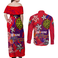Personalized Philippines 12 June Independence Day Couples Matching Off Shoulder Maxi Dress and Long Sleeve Button Shirt Polynesian Turtle Plumeria DT02 - Polynesian Pride