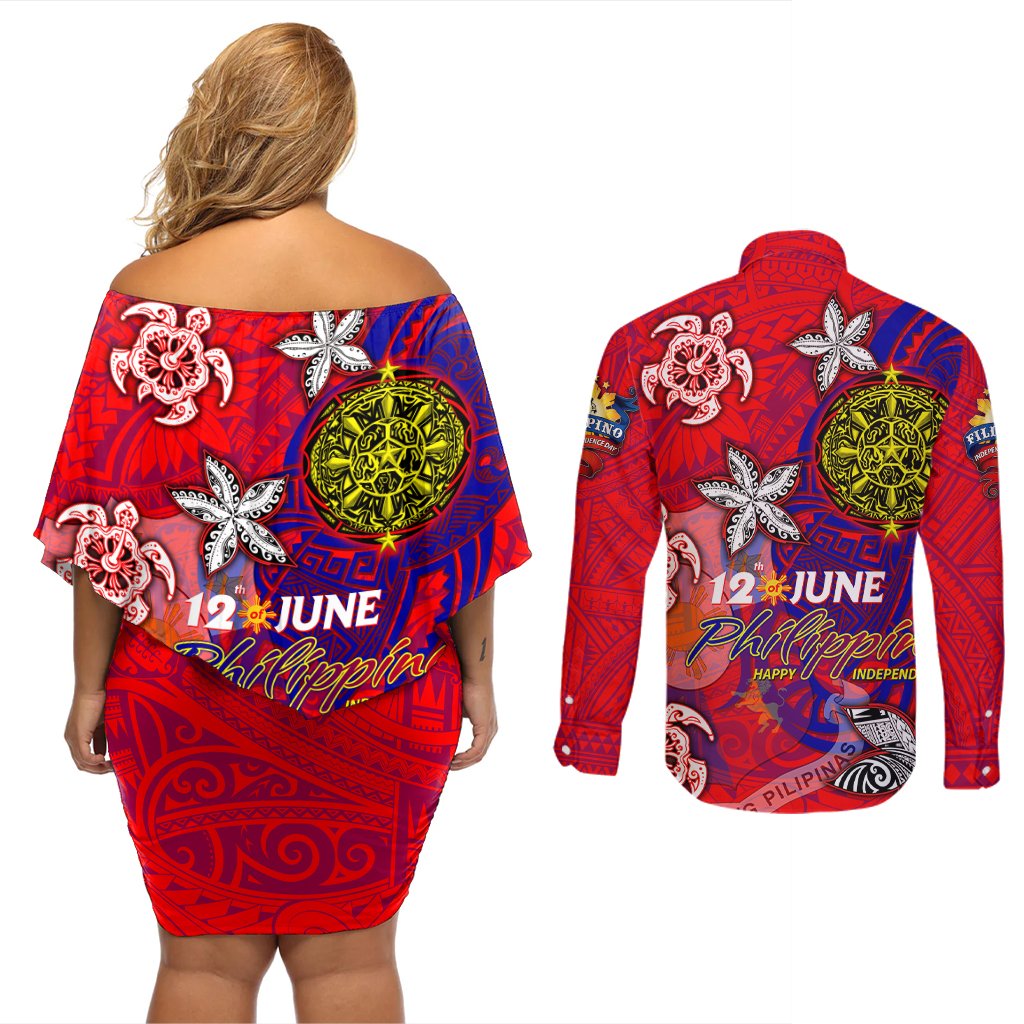 Personalized Philippines 12 June Independence Day Couples Matching Off Shoulder Short Dress and Long Sleeve Button Shirt Polynesian Turtle Plumeria DT02 - Polynesian Pride