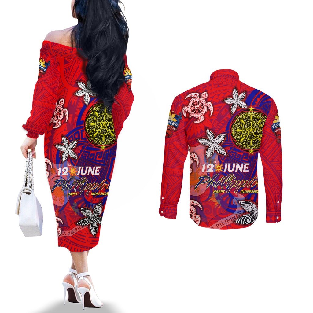 Personalized Philippines 12 June Independence Day Couples Matching Off The Shoulder Long Sleeve Dress and Long Sleeve Button Shirt Polynesian Turtle Plumeria