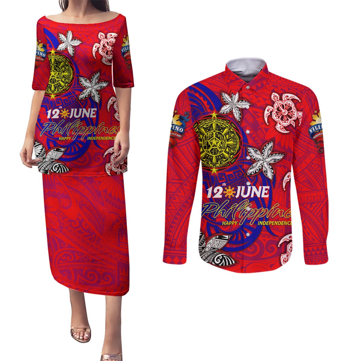Personalized Philippines 12 June Independence Day Couples Matching Puletasi and Long Sleeve Button Shirt Polynesian Turtle Plumeria DT02 Red - Polynesian Pride