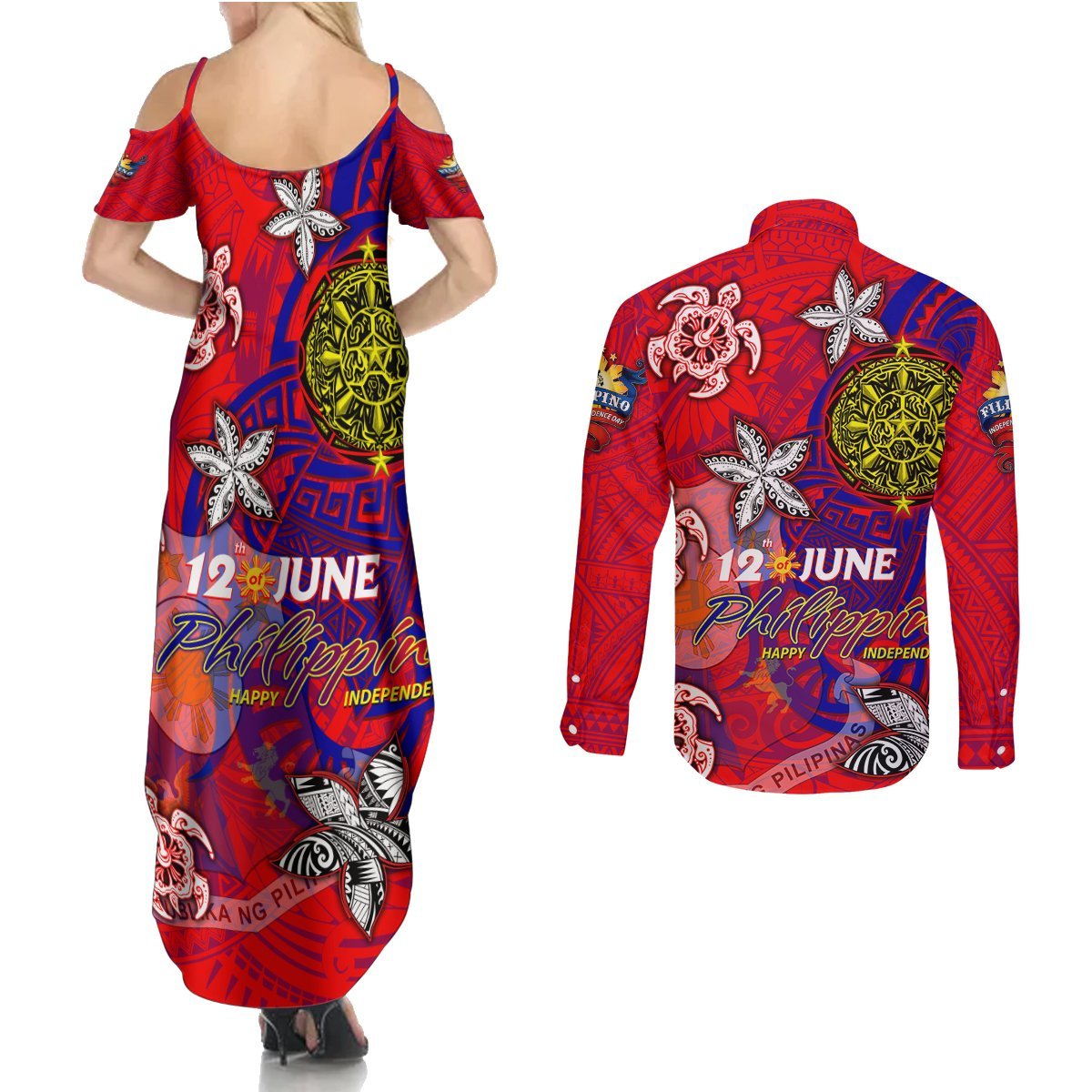 Personalized Philippines 12 June Independence Day Couples Matching Summer Maxi Dress and Long Sleeve Button Shirt Polynesian Turtle Plumeria DT02 - Polynesian Pride