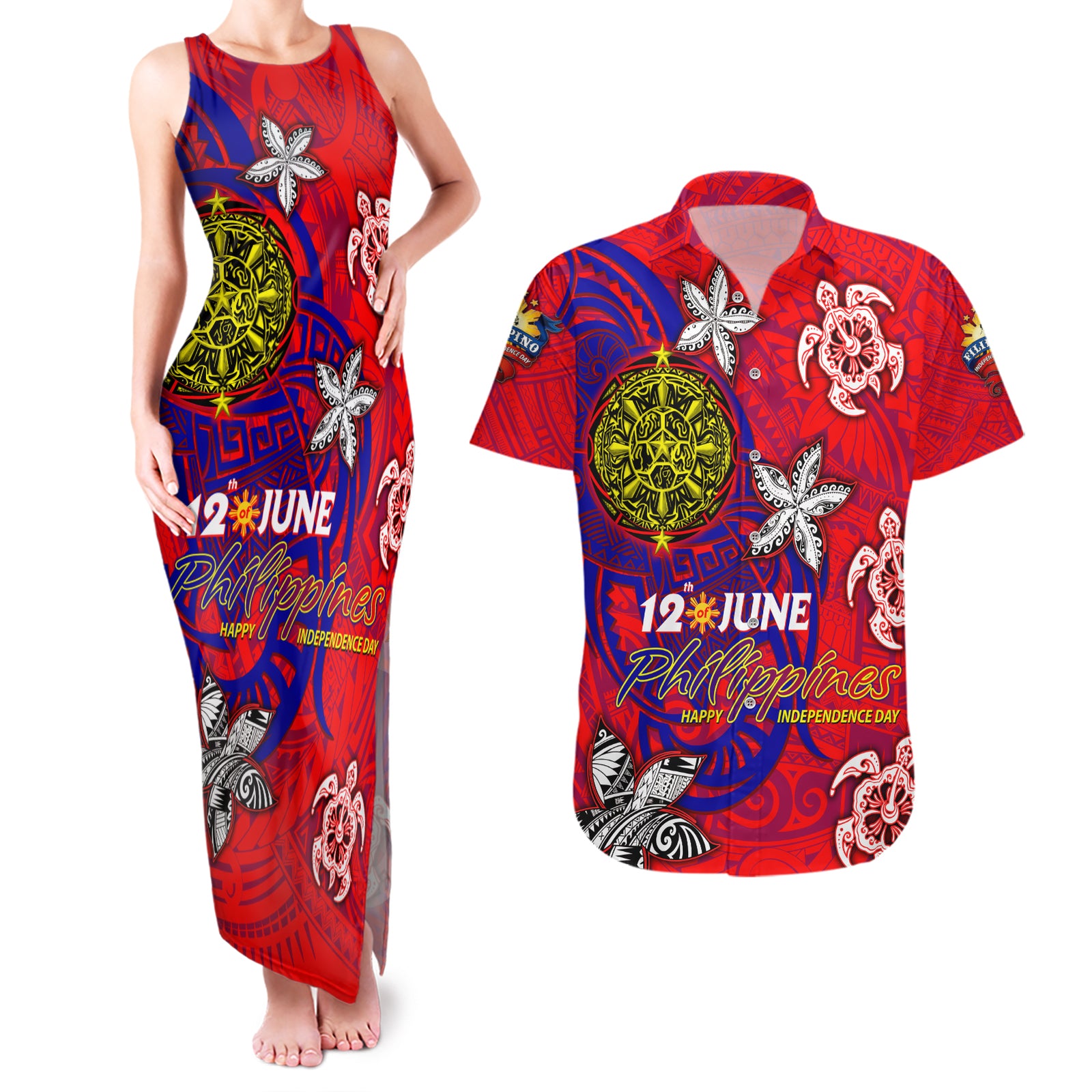 Personalized Philippines 12 June Independence Day Couples Matching Tank Maxi Dress and Hawaiian Shirt Polynesian Turtle Plumeria