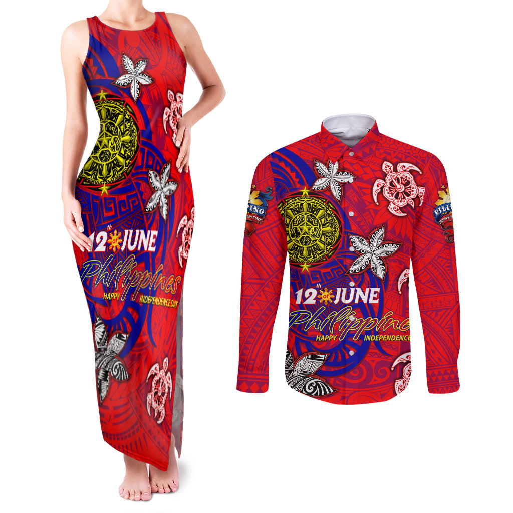 Personalized Philippines 12 June Independence Day Couples Matching Tank Maxi Dress and Long Sleeve Button Shirt Polynesian Turtle Plumeria