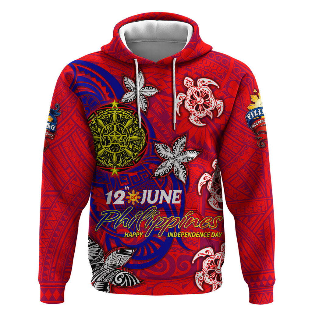 Personalized Philippines 12 June Independence Day Hoodie Polynesian Turtle Plumeria DT02 Pullover Hoodie Red - Polynesian Pride