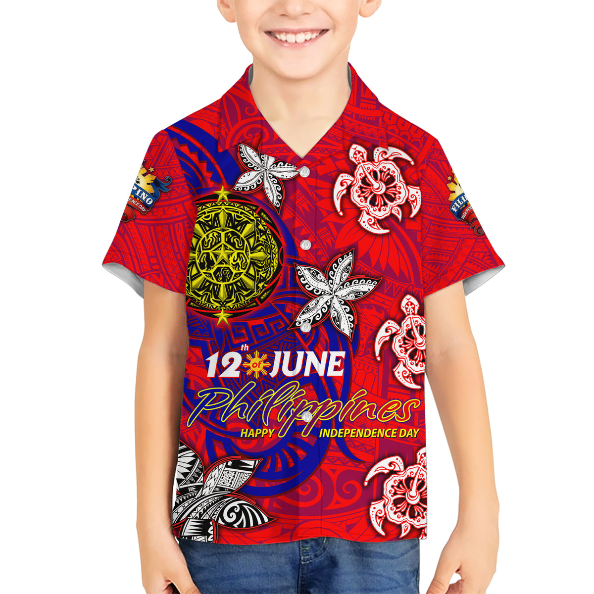 Personalized Philippines 12 June Independence Day Kid Hawaiian Shirt Polynesian Turtle Plumeria DT02 Kid Red - Polynesian Pride