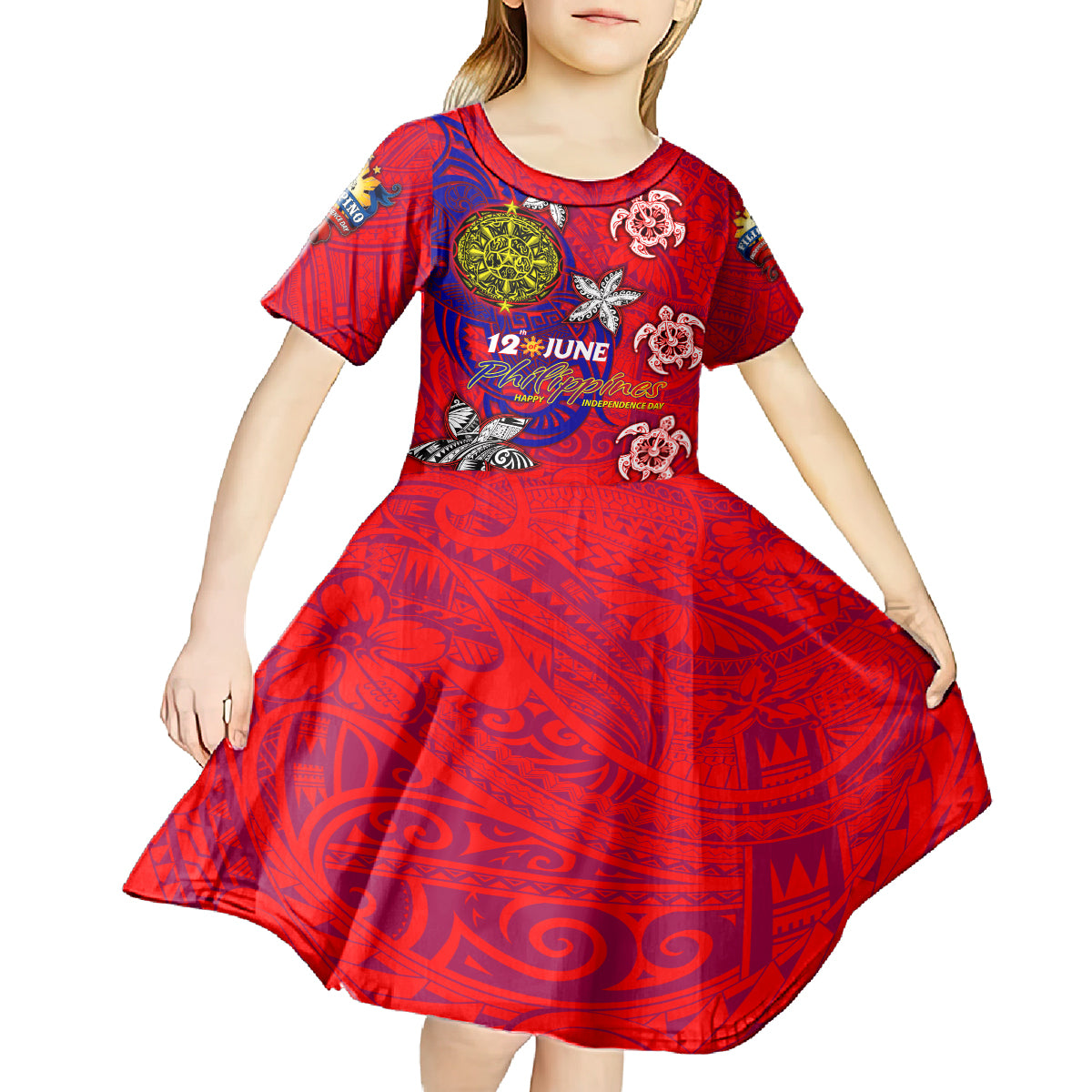 Personalized Philippines 12 June Independence Day Kid Short Sleeve Dress Polynesian Turtle Plumeria DT02 - Polynesian Pride