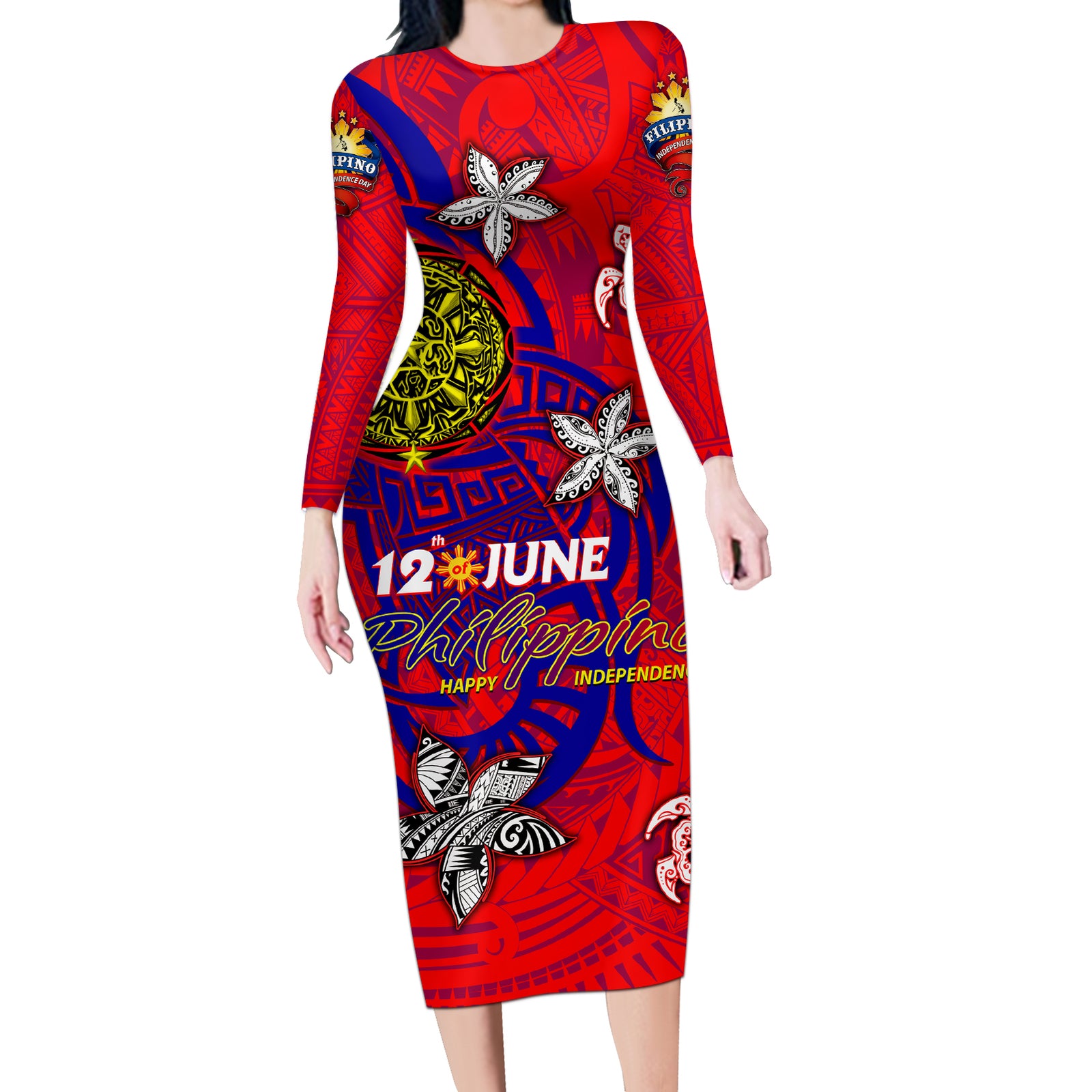 Personalized Philippines 12 June Independence Day Long Sleeve Bodycon Dress Polynesian Turtle Plumeria