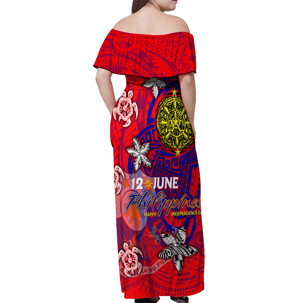 Personalized Philippines 12 June Independence Day Off Shoulder Maxi Dress Polynesian Turtle Plumeria DT02 - Polynesian Pride