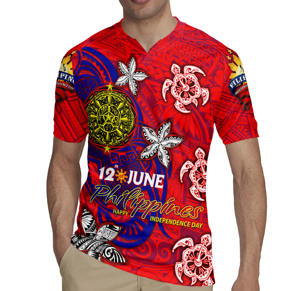 Personalized Philippines 12 June Independence Day Rugby Jersey Polynesian Turtle Plumeria