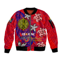 Personalized Philippines 12 June Independence Day Sleeve Zip Bomber Jacket Polynesian Turtle Plumeria