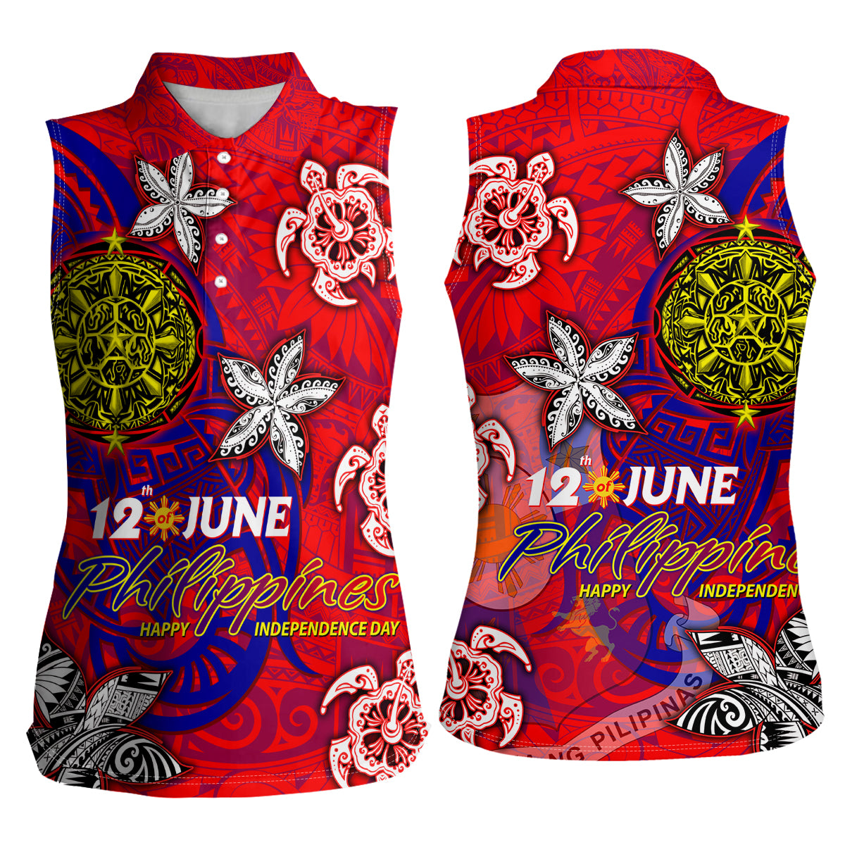 Personalized Philippines 12 June Independence Day Women Sleeveless Polo Shirt Polynesian Turtle Plumeria DT02 - Polynesian Pride