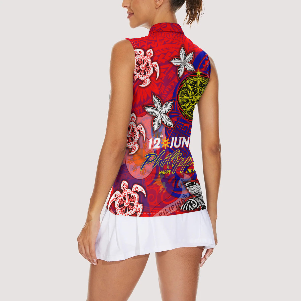 Personalized Philippines 12 June Independence Day Women Sleeveless Polo Shirt Polynesian Turtle Plumeria DT02 - Polynesian Pride
