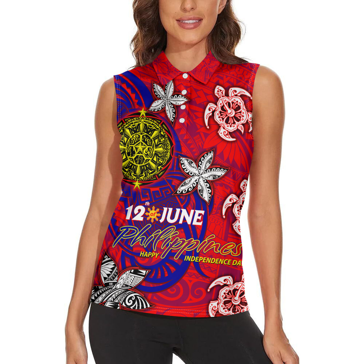 Personalized Philippines 12 June Independence Day Women Sleeveless Polo Shirt Polynesian Turtle Plumeria DT02 - Polynesian Pride