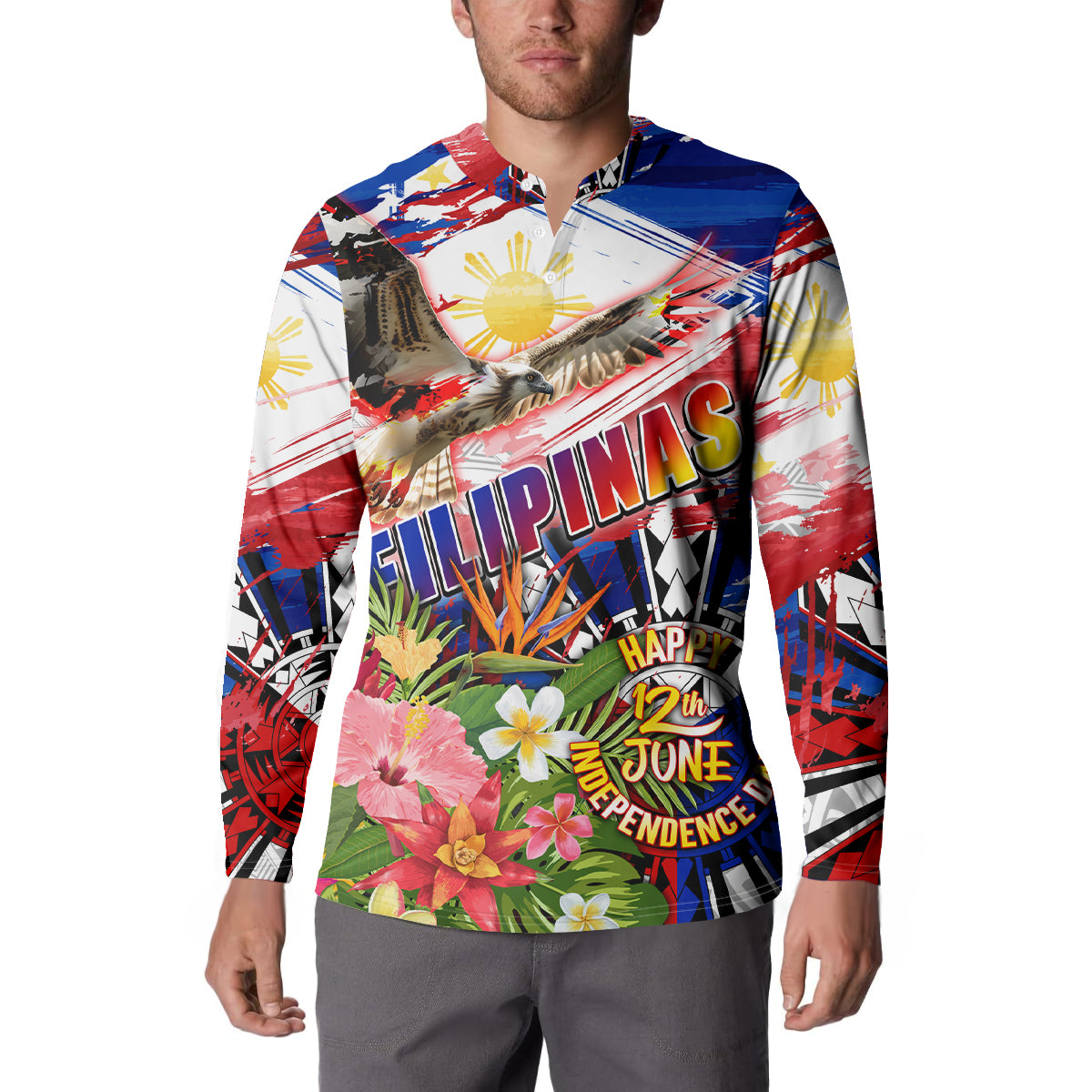 Personalized Philippines Independence Day Button Sweatshirt Polynesia Filipinas Eagle Hibiscus DT02 - Polynesian Pride