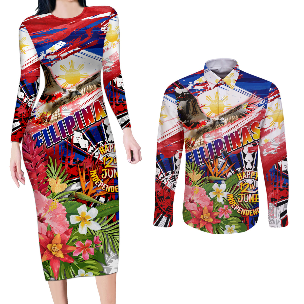 Personalized Philippines Independence Day Couples Matching Long Sleeve Bodycon Dress and Long Sleeve Button Shirt Polynesia Filipinas Eagle Hibiscus DT02 Blue - Polynesian Pride