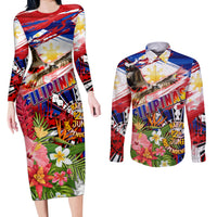 Personalized Philippines Independence Day Couples Matching Long Sleeve Bodycon Dress and Long Sleeve Button Shirt Polynesia Filipinas Eagle Hibiscus DT02 Blue - Polynesian Pride