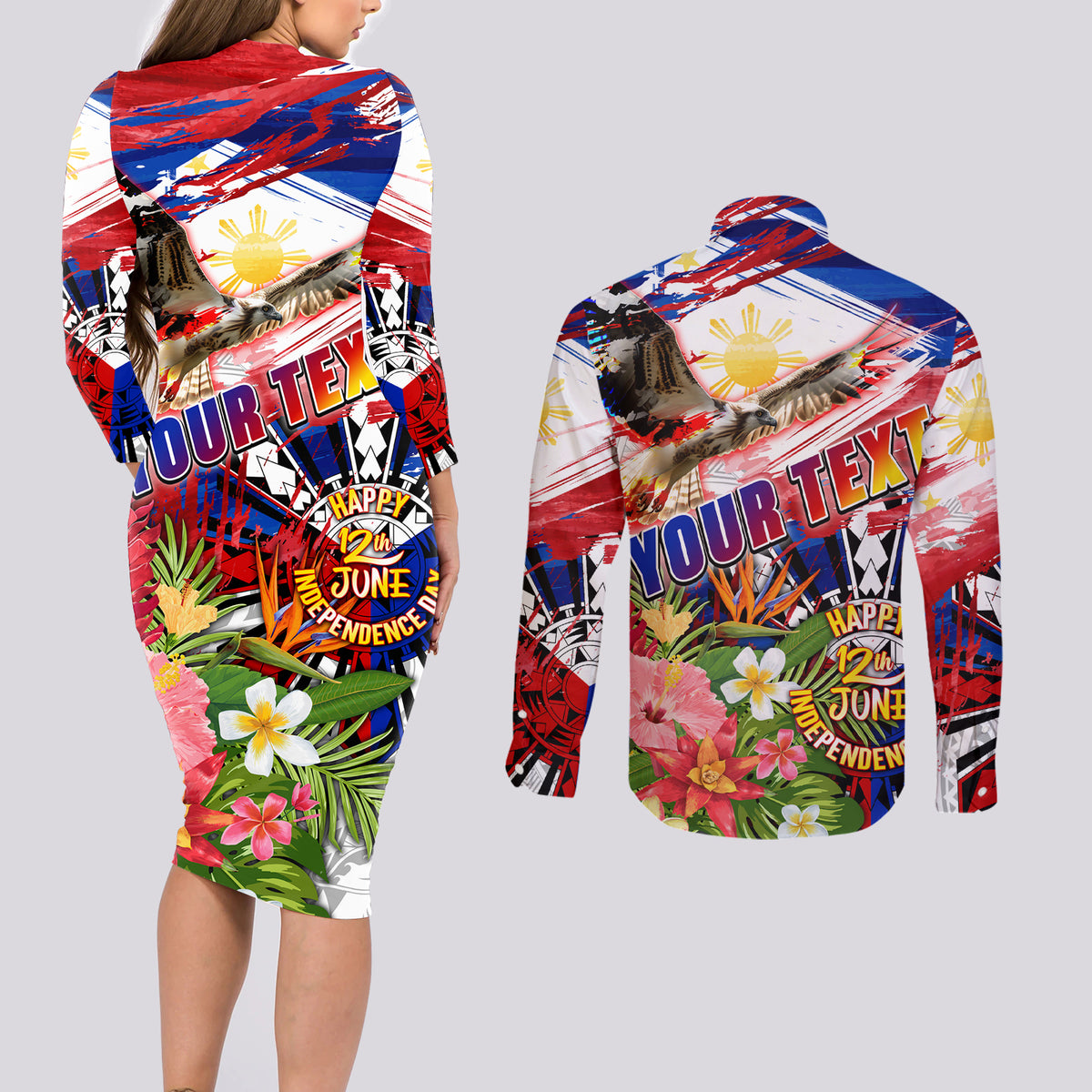 Personalized Philippines Independence Day Couples Matching Long Sleeve Bodycon Dress and Long Sleeve Button Shirt Polynesia Filipinas Eagle Hibiscus DT02 - Polynesian Pride