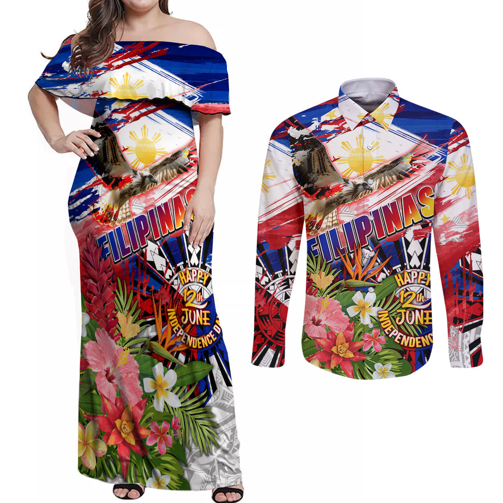Personalized Philippines Independence Day Couples Matching Off Shoulder Maxi Dress and Long Sleeve Button Shirt Polynesia Filipinas Eagle Hibiscus DT02 Blue - Polynesian Pride