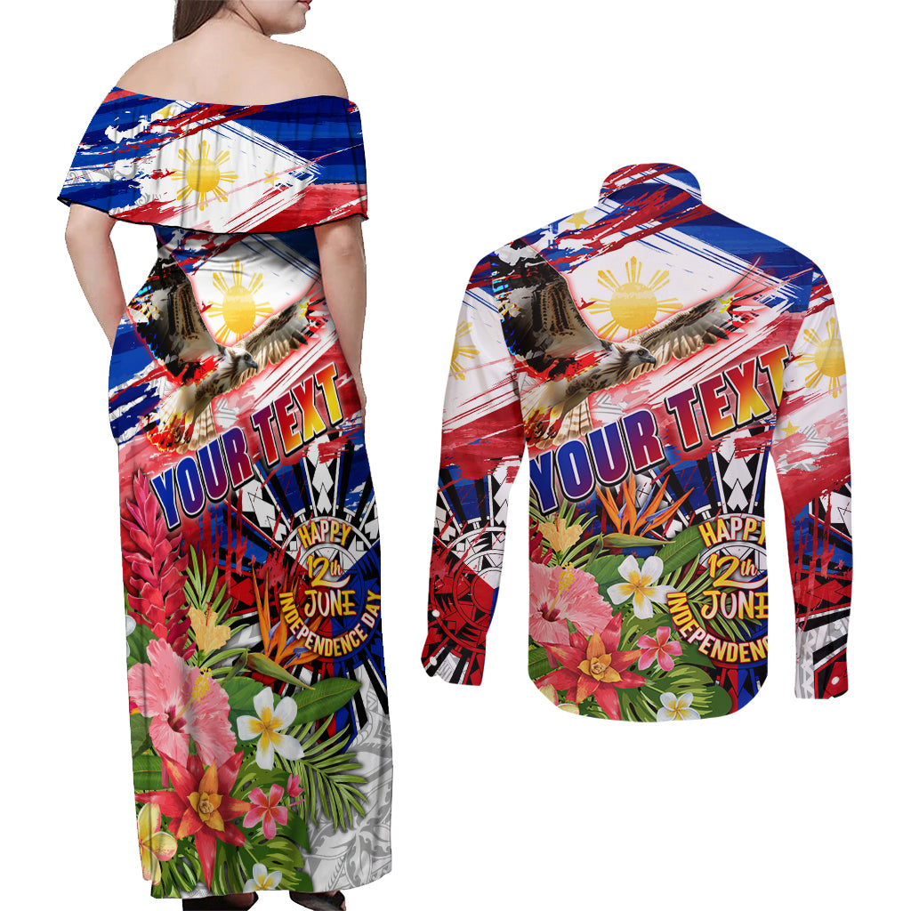 Personalized Philippines Independence Day Couples Matching Off Shoulder Maxi Dress and Long Sleeve Button Shirt Polynesia Filipinas Eagle Hibiscus DT02 - Polynesian Pride
