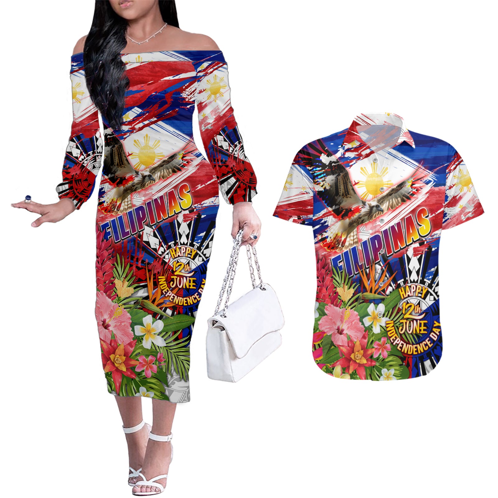 Personalized Philippines Independence Day Couples Matching Off The Shoulder Long Sleeve Dress and Hawaiian Shirt Polynesia Filipinas Eagle Hibiscus