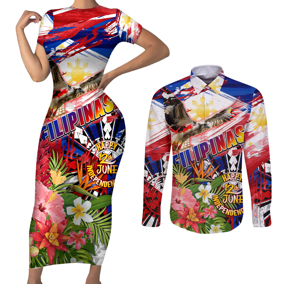 Personalized Philippines Independence Day Couples Matching Short Sleeve Bodycon Dress and Long Sleeve Button Shirt Polynesia Filipinas Eagle Hibiscus DT02 Blue - Polynesian Pride