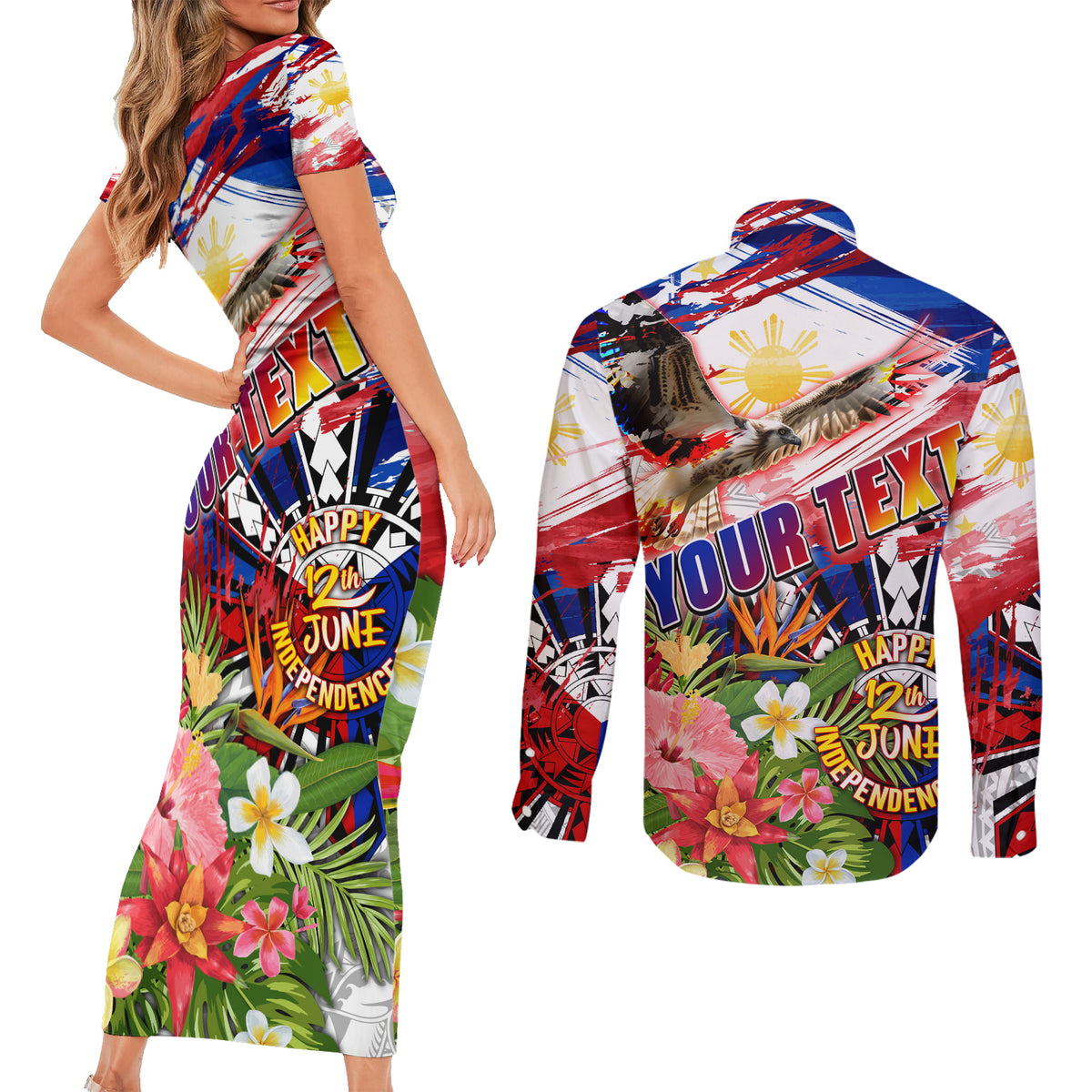 Personalized Philippines Independence Day Couples Matching Short Sleeve Bodycon Dress and Long Sleeve Button Shirt Polynesia Filipinas Eagle Hibiscus DT02 - Polynesian Pride