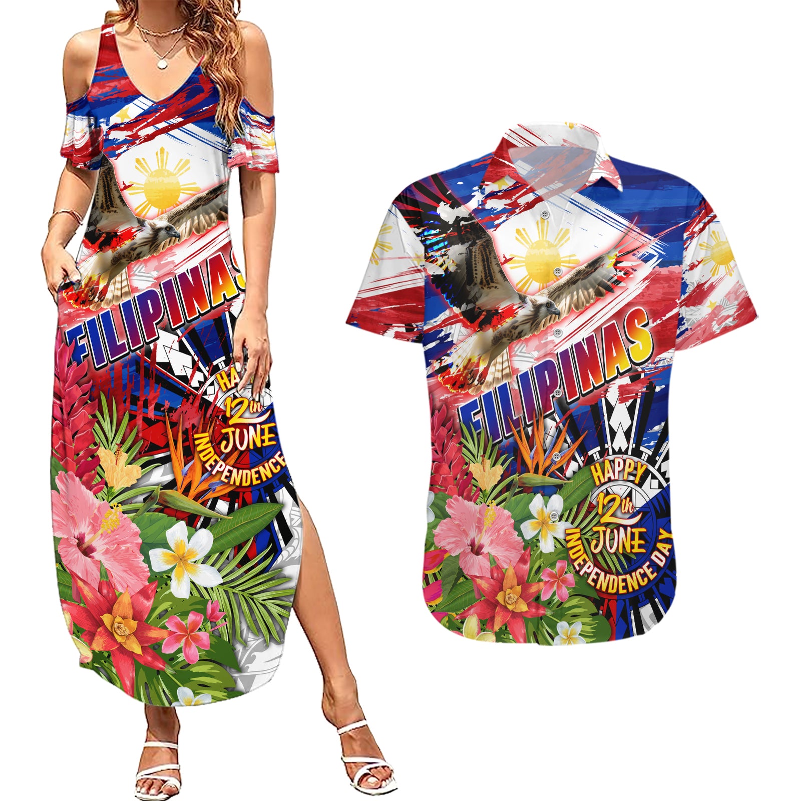 Personalized Philippines Independence Day Couples Matching Summer Maxi Dress and Hawaiian Shirt Polynesia Filipinas Eagle Hibiscus
