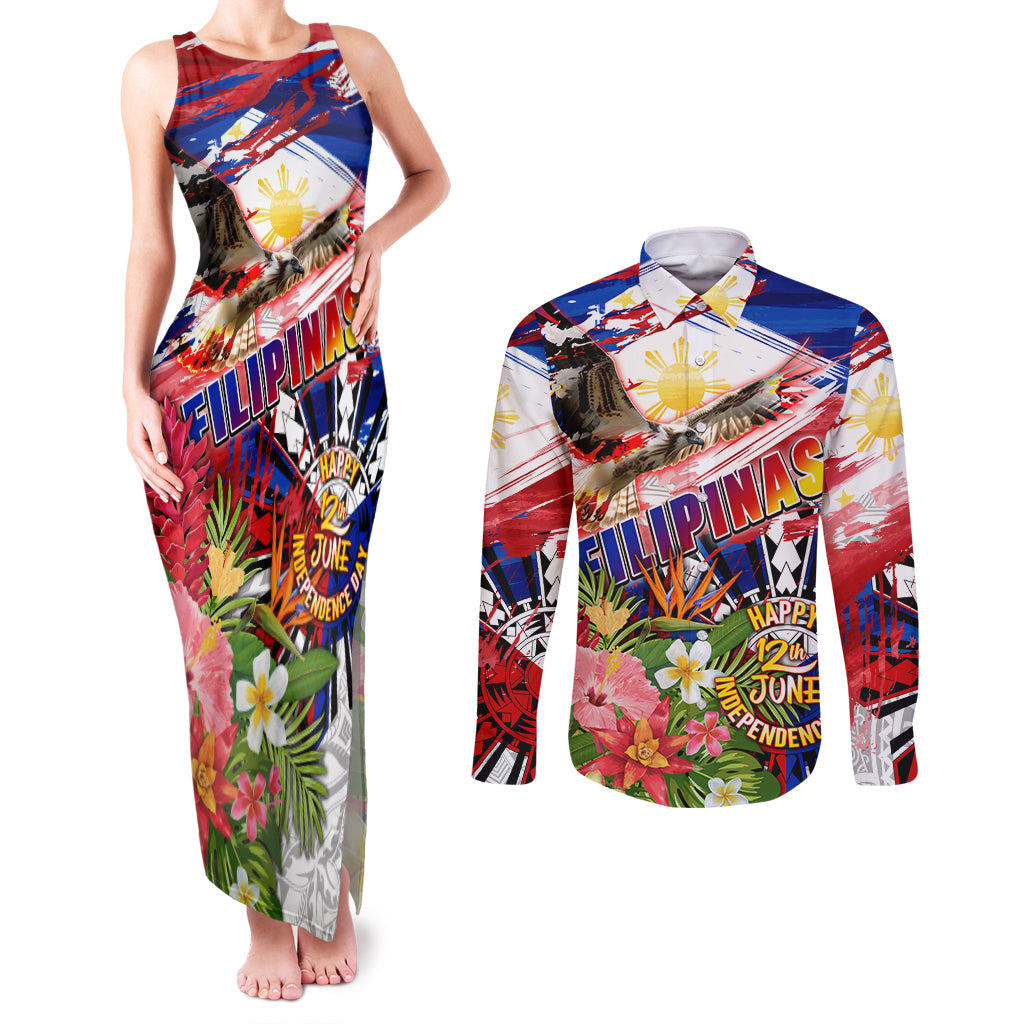 Personalized Philippines Independence Day Couples Matching Tank Maxi Dress and Long Sleeve Button Shirt Polynesia Filipinas Eagle Hibiscus DT02 Blue - Polynesian Pride