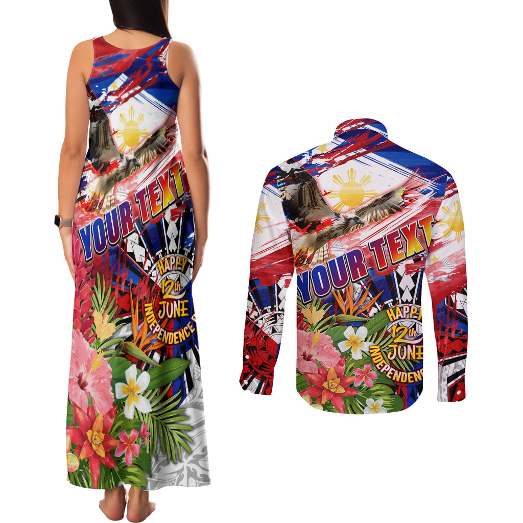 Personalized Philippines Independence Day Couples Matching Tank Maxi Dress and Long Sleeve Button Shirt Polynesia Filipinas Eagle Hibiscus DT02 - Polynesian Pride