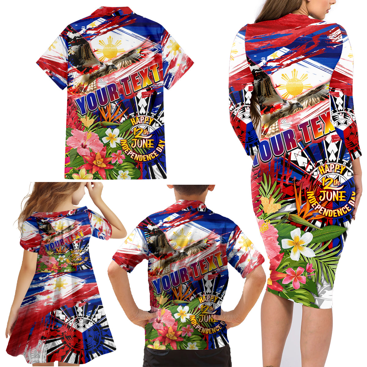 Personalized Philippines Independence Day Family Matching Long Sleeve Bodycon Dress and Hawaiian Shirt Polynesia Filipinas Eagle Hibiscus