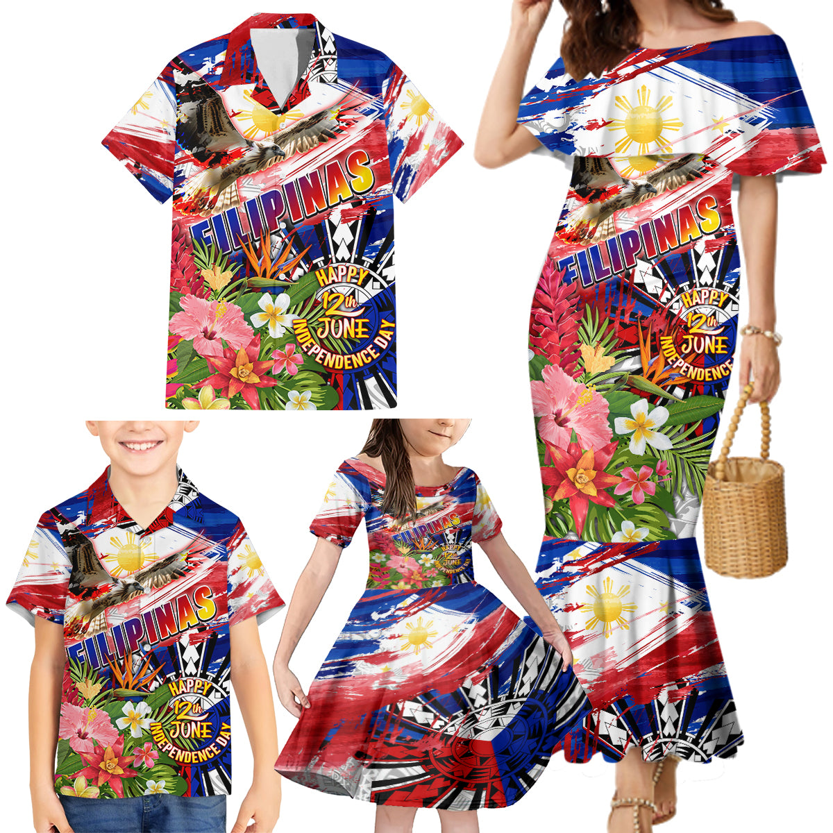 Personalized Philippines Independence Day Family Matching Mermaid Dress and Hawaiian Shirt Polynesia Filipinas Eagle Hibiscus