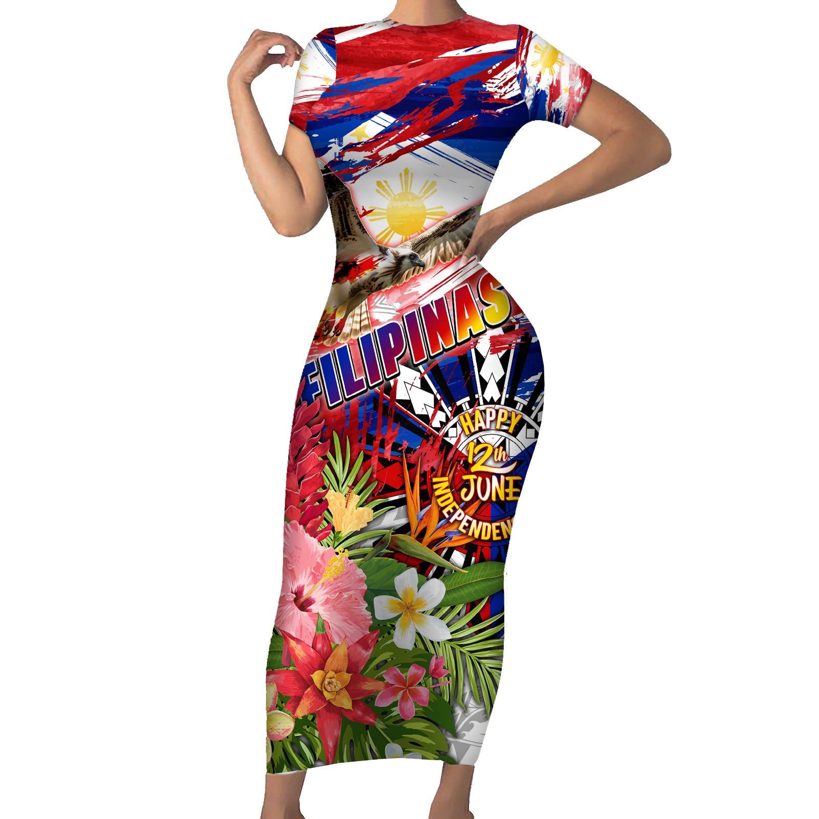 Personalized Philippines Independence Day Short Sleeve Bodycon Dress Polynesia Filipinas Eagle Hibiscus