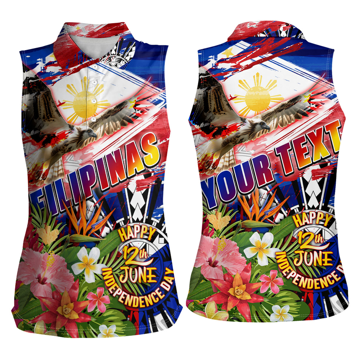 Personalized Philippines Independence Day Women Sleeveless Polo Shirt Polynesia Filipinas Eagle Hibiscus DT02 - Polynesian Pride